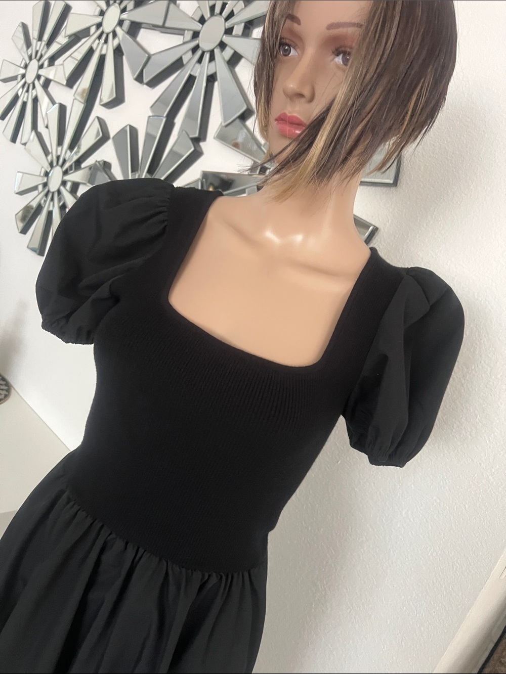 (AND NOW THIS)Black Square-Neck Puff-Sleeve Dress, stretch top,silk skirt size L